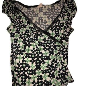 𝅺Max Studio size small green & brown print faux wrap top shirred side